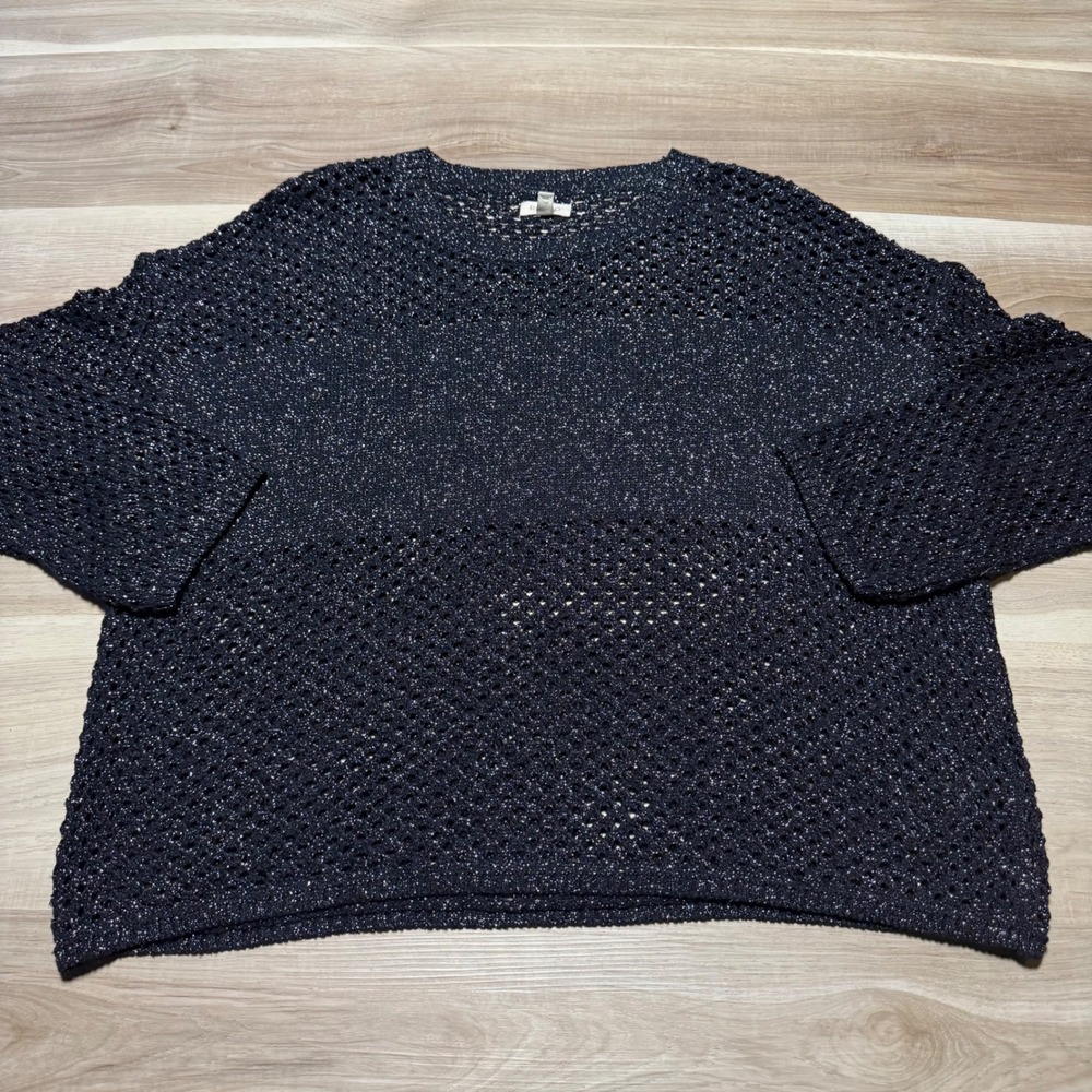 Pilcro Anthropology Sweater‎ Womens 1X Navy Crochet Open Knit Boxy Shimmer Top